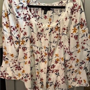 BCX White Floral Peasant Blouse with Burgundy & Mustard Accents